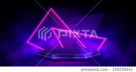 Hexagon purple podium stage, neon glowing shapes Hexagon purple podium stage, neon glowing shapes 140288441