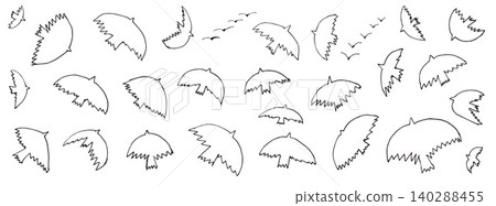 Bird ink pen outline set with flying dove silhouettes in minimal sketch art. Scribble set of birds for poster or social media print. Vector black ink doodle flock in naive pencil line drawing isolated 140288455