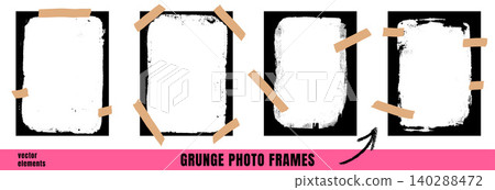 Photo frame and craft scrapbook border with kraft tape on rectangle card. Grunge ink paper element with worn brush edge. Vector photo frame set as collage layout pack for memory and diary planner bg Photo frame and craft scrapbook border with kraft tape on rectangle card. Grunge ink paper element with worn brush edge. Vector photo frame set as collage layout pack for memory and diary planner bg 140288472