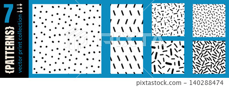 Childish seamless pattern set with small dash diagonal slash and polka dot. Hand drawn mini confetti and doodle shapes on white for kid poster. Vector childish seamless pack isolated Childish seamless pattern set with small dash diagonal slash and polka dot. Hand drawn mini confetti and doodle shapes on white for kid poster. Vector childish seamless pack isolated 140288474