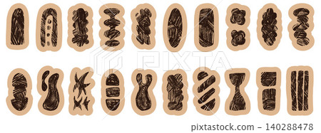 Rustic craft paper figures with charcoal scribble doodle for scrapbook. Black hand drawn abstract shapes on torn beige paper and cutout backing. Vector geometric craft set with naive charcoal edge Rustic craft paper figures with charcoal scribble doodle for scrapbook. Black hand drawn abstract shapes on torn beige paper and cutout backing. Vector geometric craft set with naive charcoal edge 140288478