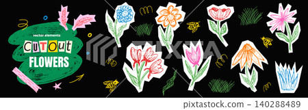 Hand drawn flower cutout set with daisy poppy and tulip for playful scrapbook. Naive bee and grass doodles in sketchy ink for kids scrapbook. Cheerful vector flower collage on dark background Hand drawn flower cutout set with daisy poppy and tulip for playful scrapbook. Naive bee and grass doodles in sketchy ink for kids scrapbook. Cheerful vector flower collage on dark background 140288489