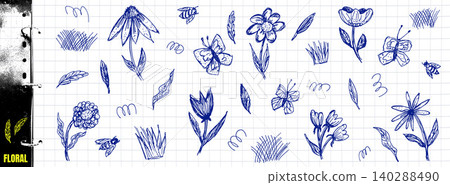 Wild quirky flower doodle with hand drawn daisy and wildflower sketch. Blue ballpoint pen floral scribble with naive bee for notebook page. Childish vector floral illustration on grid paper backdrop Wild quirky flower doodle with hand drawn daisy and wildflower sketch. Blue ballpoint pen floral scribble with naive bee for notebook page. Childish vector floral illustration on grid paper backdrop 140288490