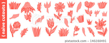 Naive flower cutout shapes with daisy poppy and tulip for paper collage. Angular hand drawn floral pieces and grass in soft coral tone. Vector flower cutout set isolated for kids sticker sheet Naive flower cutout shapes with daisy poppy and tulip for paper collage. Angular hand drawn floral pieces and grass in soft coral tone. Vector flower cutout set isolated for kids sticker sheet 140288491
