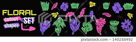 Playful flower cutout shapes with daisy poppy and tulip for festive collage. Funky floral doodles in green purple and pink on dark background. Naive vector flowers cutout set for kids scrapbook zine Playful flower cutout shapes with daisy poppy and tulip for festive collage. Funky floral doodles in green purple and pink on dark background. Naive vector flowers cutout set for kids scrapbook zine 140288492