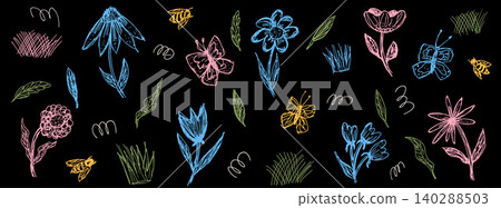 Playful pencil flower with pastel scribble daisy and doodle butterfly. Hand drawn poppy and colorful crayon bee for kids party card. Funky vector floral illustration set isolated on black background Playful pencil flower with pastel scribble daisy and doodle butterfly. Hand drawn poppy and colorful crayon bee for kids party card. Funky vector floral illustration set isolated on black background 140288503