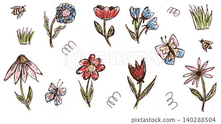 Cute childish flower doodle with hand drawn daisy and scribble sketch. Pink red coneflower with blue tulip and bee for spring card. Soft vector floral set illustration isolated on white background Cute childish flower doodle with hand drawn daisy and scribble sketch. Pink red coneflower with blue tulip and bee for spring card. Soft vector floral set illustration isolated on white background 140288504