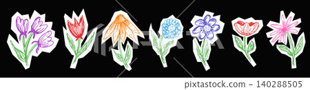 Bold flower cutout blooms with daisy tulip and poppy for festive collage. Hand drawn floral ink in purple red and blue . Naive vector flower papercut set for party invitation or seasonal promo sale 140288505