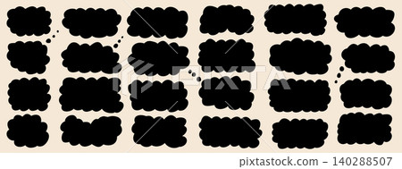 Cloud shape speech bubble and fluffy frame with label scallop stickers set. Promo badge silhouette in flat simple shapes. Cutouts with wavy edges element. Border cloud vector fluffy label for promo 140288507
