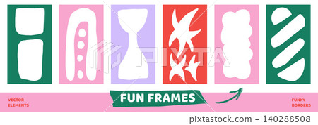 Abstract organic frame with figure border and geometric shape. Playful abstract frames in green pink and red for social media post. Vector set of childish doodle elements for kid carousel post content Abstract organic frame with figure border and geometric shape. Playful abstract frames in green pink and red for social media post. Vector set of childish doodle elements for kid carousel post content 140288508