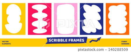 Callout speech frame with bold figure border and geometric shape. Funky callout frames in orange pink and blue for posters. Vector set of scribble doodle elements for kid content or promotion project Callout speech frame with bold figure border and geometric shape. Funky callout frames in orange pink and blue for posters. Vector set of scribble doodle elements for kid content or promotion project 140288509