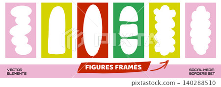 Scallop cloud frame with abstract figure border for social media story. Wavy scallop frames in pink yellow and red in carousel post. Vector set of funky doodle shapes for playful kid content or promo Scallop cloud frame with abstract figure border for social media story. Wavy scallop frames in pink yellow and red in carousel post. Vector set of funky doodle shapes for playful kid content or promo 140288510