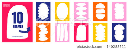 Geometric abstract frame with figure border and text box callout. Funky geometric frames for promo sale and photo on colorful background. Vector set of kid doodle elements for playful posters design 140288511