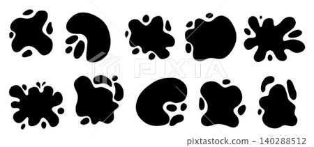 Splash water or milk puddle. Paint stain or blot for text. Abstract uneven shape figure. Simple black silhouette frame as amoeba and irregular blob shapes. Black splats isolated on a white background Splash water or milk puddle. Paint stain or blot for text. Abstract uneven shape figure. Simple black silhouette frame as amoeba and irregular blob shapes. Black splats isolated on a white background 140288512