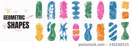 Playful text box label and decorative shapes with crayon scribble for kids badge. Hand drawn element and marks in colorful geometric abstract form. Vector text box set of organic shapes for collage Playful text box label and decorative shapes with crayon scribble for kids badge. Hand drawn element and marks in colorful geometric abstract form. Vector text box set of organic shapes for collage 140288525