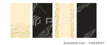Kintsugi cracks social media templates set. Black and beige marble texture background. Vector luxurious abstract patterns with shimmering foil lines for elegant poster design, vector interior decor bg Kintsugi cracks social media templates set. Black and beige marble texture background. Vector luxurious abstract patterns with shimmering foil lines for elegant poster design, vector interior decor bg 140288567