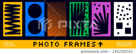 Geometric pixel photo frame with bold circle and zigzag border edge. Funky kid photo box and halftone dither on pixelated mobile layout. Vector social media frame set for trendy giveaway post Geometric pixel photo frame with bold circle and zigzag border edge. Funky kid photo box and halftone dither on pixelated mobile layout. Vector social media frame set for trendy giveaway post 140288583