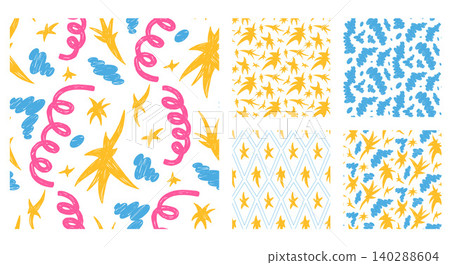 Birthday seamless patterns set. Festive holiday doodle with crayon streamers, stars and cloud for childish party decor. Curly coils and scribbled blue clouds in a seamless. Pattern with playful motif Birthday seamless patterns set. Festive holiday doodle with crayon streamers, stars and cloud for childish party decor. Curly coils and scribbled blue clouds in a seamless. Pattern with playful motif 140288604