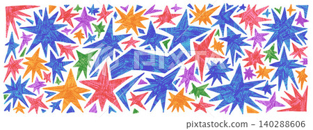 Starburst and pastel crayon scribble star for kids sticker. Colorful space twinkles figures with chalk doodle and pastel grain blink. Vector magic spark set isolated for holiday party event and promo Starburst and pastel crayon scribble star for kids sticker. Colorful space twinkles figures with chalk doodle and pastel grain blink. Vector magic spark set isolated for holiday party event and promo 140288606