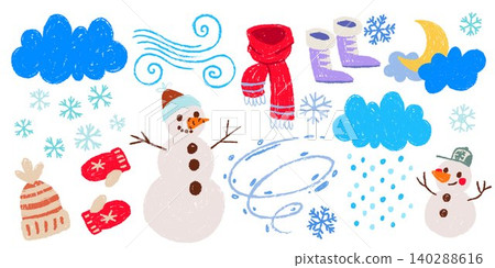 Cute crayon snowmen and winter weather icons Cute crayon snowmen and winter weather icons 140288616