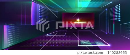 Futuristic neon corridor with geometric LED frames Futuristic neon corridor with geometric LED frames 140288663