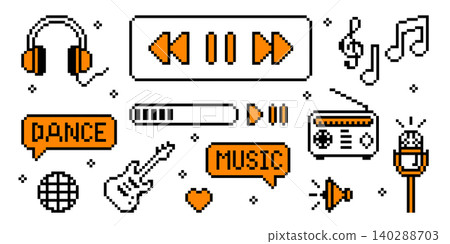 Pixel art music icons set isolated on white Pixel art music icons set isolated on white 140288703