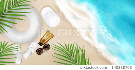 Sandy beach background, sea waves and palm leaves Sandy beach background, sea waves and palm leaves 140288708