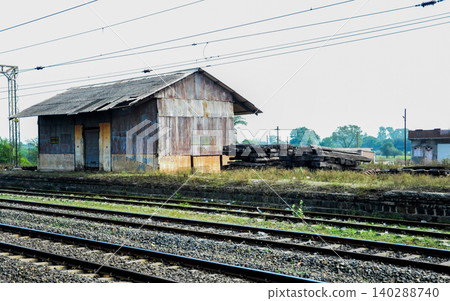 Railway Tracks with Old Storage Shed at Rural Station Railway Tracks with Old Storage Shed at Rural Station 140288740