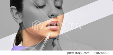 Shape correction of female lips, concept. Highlighted plump lips of beautiful woman after lip augmentation and shape correction procedure 140288820