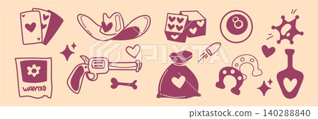 Doodle set of western girl cowboy elements Doodle set of western girl cowboy elements 140288840