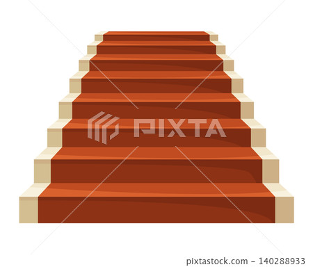 Game castle stairs in cartoon style. Medieval ancient ladder flights without railings, wood step treads and rock risers with cracked details. Vector staircase isolated on white 140288933