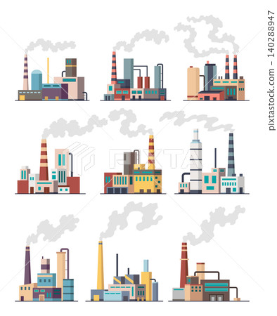 Icon set of industrial factory. Manufactory industrial buildings refinery factorys or nuclear power stations. Complex of chemical plants buildings isolated on white background Icon set of industrial factory. Manufactory industrial buildings refinery factorys or nuclear power stations. Complex of chemical plants buildings isolated on white background 140288947