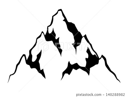 Black mountain, hill and rock silhouette. Vector rocky range and ridge with snow peaks and tops. Mountain nature landscape silhouette, hiking sport, tourism, outdoor adventure and camping themes Black mountain, hill and rock silhouette. Vector rocky range and ridge with snow peaks and tops. Mountain nature landscape silhouette, hiking sport, tourism, outdoor adventure and camping themes 140288982