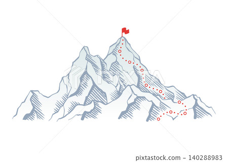 Mountain climbing route to top rock with red flag on peak. Business journey path in progress, way to success or concept of goal. Vector illustration 140288983