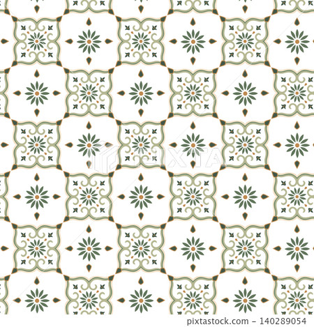 Sage Green European Tile Seamless Pattern with Floral Rosette and Vintage Ornament Sage Green European Tile Seamless Pattern with Floral Rosette and Vintage Ornament 140289054