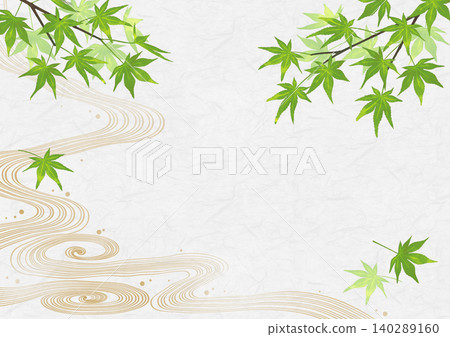 日式水彩背景,描繪了翠綠的楓葉和潺潺流水。 日式水彩背景,描繪了翠綠的楓葉和潺潺流水。 140289160