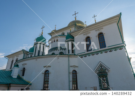 Orthodox Cathedral With Green Roofs and Gold Domes Over Historic Monastery Courtyard 140289432