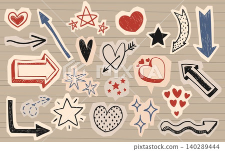 Scrapbook set of doodle arrows, exclamation marks Scrapbook set of doodle arrows, exclamation marks 140289444
