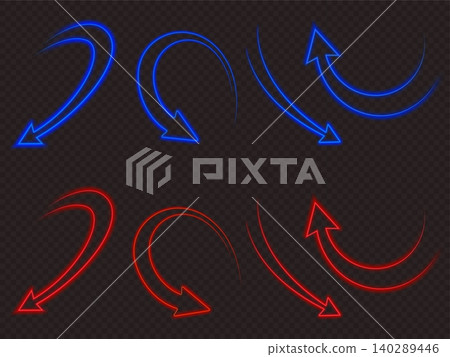 Glowing neon arrow set, blue red curvy pointers Glowing neon arrow set, blue red curvy pointers 140289446