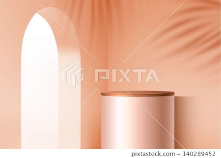 Wood podium with empty arch window, natural light Wood podium with empty arch window, natural light 140289452