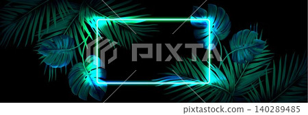 Neon jungle frame with tropical palm leaves Neon jungle frame with tropical palm leaves 140289485