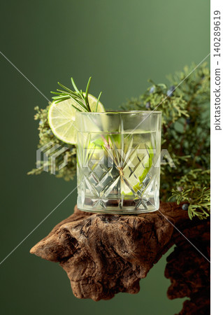 Refreshing hard seltzer with ice, lime, and rosemary on an old snag. Refreshing hard seltzer with ice, lime, and rosemary on an old snag. 140289619