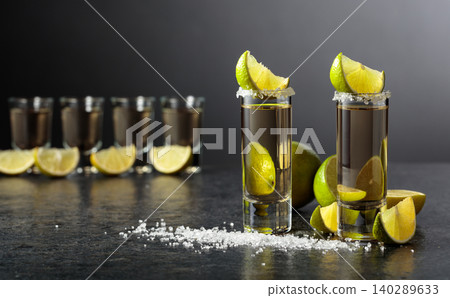 Tequila shots with salt and lime slices on a black stone table. Tequila shots with salt and lime slices on a black stone table. 140289633