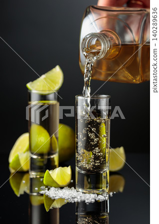 Tequila shots with salt and lime slices on a black reflective background. Tequila shots with salt and lime slices on a black reflective background. 140289636