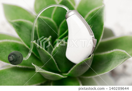 Hearing aid close-up on green leaves. Treatment of deafness. Hearing solution, hear all the variety of sounds in the world 140289644
