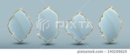 Glass window frames with golden arabesque border Glass window frames with golden arabesque border 140289820