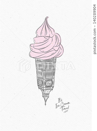 Big Ben clock tower reimagined as surreal ice cream cone poster with lettering drawing on watercolor paper background Big Ben clock tower reimagined as surreal ice cream cone poster with lettering drawing on watercolor paper background 140289904