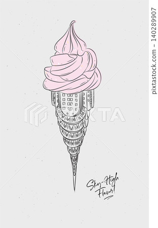 New York building reimagined as surreal ice cream cone poster with lettering drawing on grey background 140289907