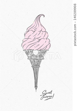 Eiffel Tower reimagined as surreal ice cream cone poster with lettering drawing on watercolor paper background Eiffel Tower reimagined as surreal ice cream cone poster with lettering drawing on watercolor paper background 140289908