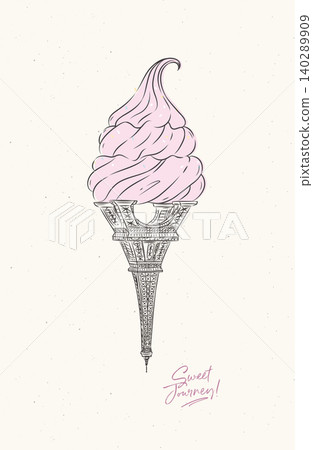 Eiffel Tower reimagined as surreal ice cream cone poster with lettering drawing on beige background Eiffel Tower reimagined as surreal ice cream cone poster with lettering drawing on beige background 140289909